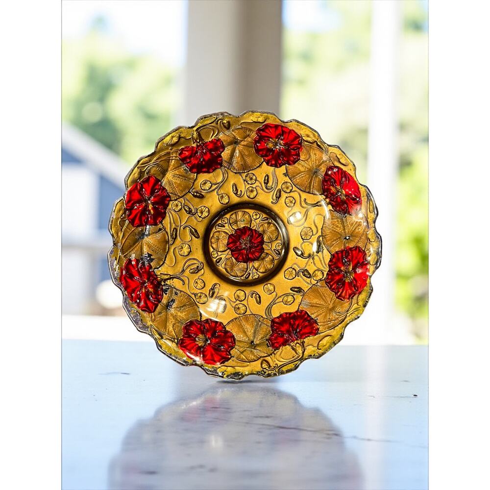 Antique Goofus Glass Bowl-Red Flowers Gold-Centerpiece-Art Nouveau-Edwardian
